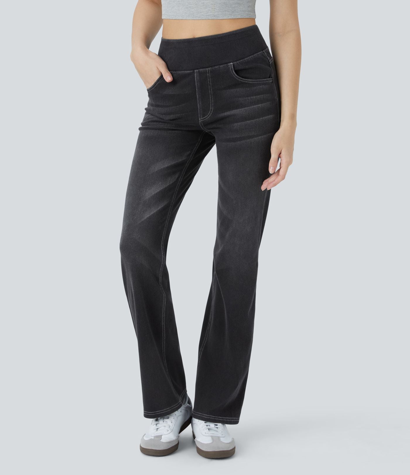 Halara Flex™ Jean bootcut décontracté extensible délavé taille haute à poches multiples