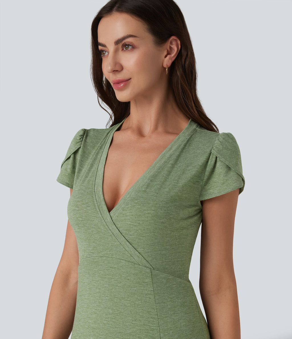 Robe longue fluide col V manches courtes