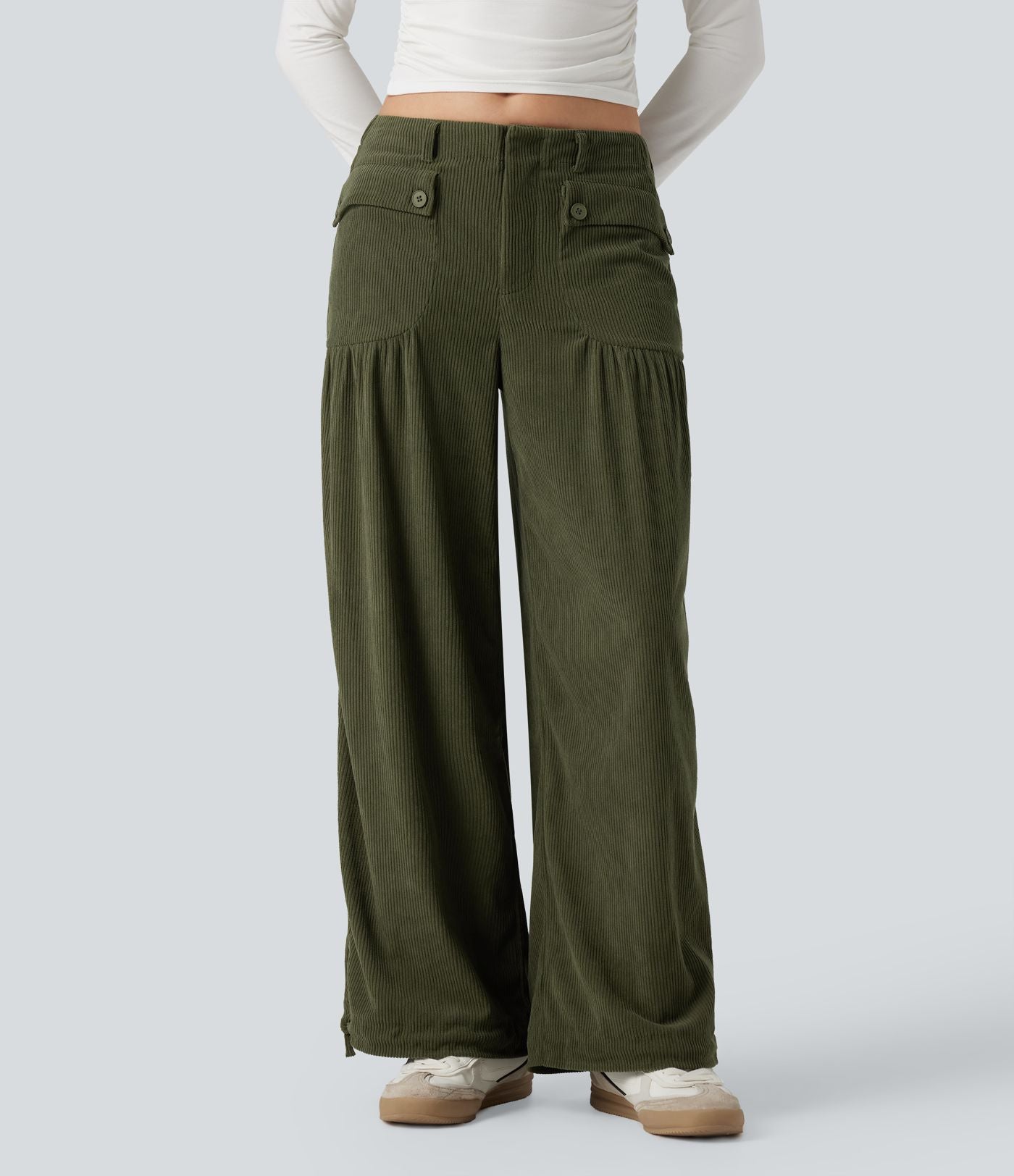 Pantalon décontracté large taille mi-haute en velours côtelé avec poches