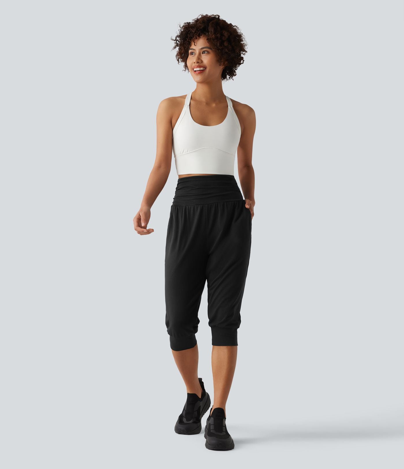 Jogging yoga corsaire chiné taille haute à fronces avec poches