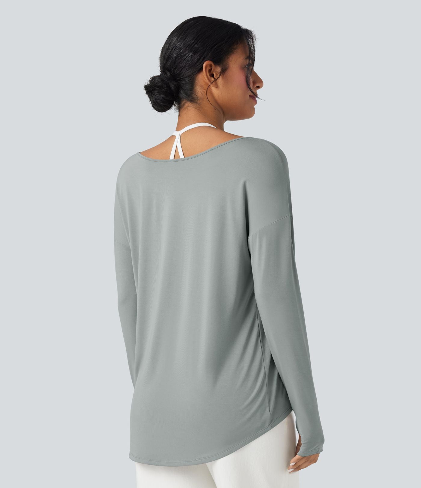 T-shirt décontracté col V profond manches longues à trous pouces coupe décontractée - Réversible devant et dos