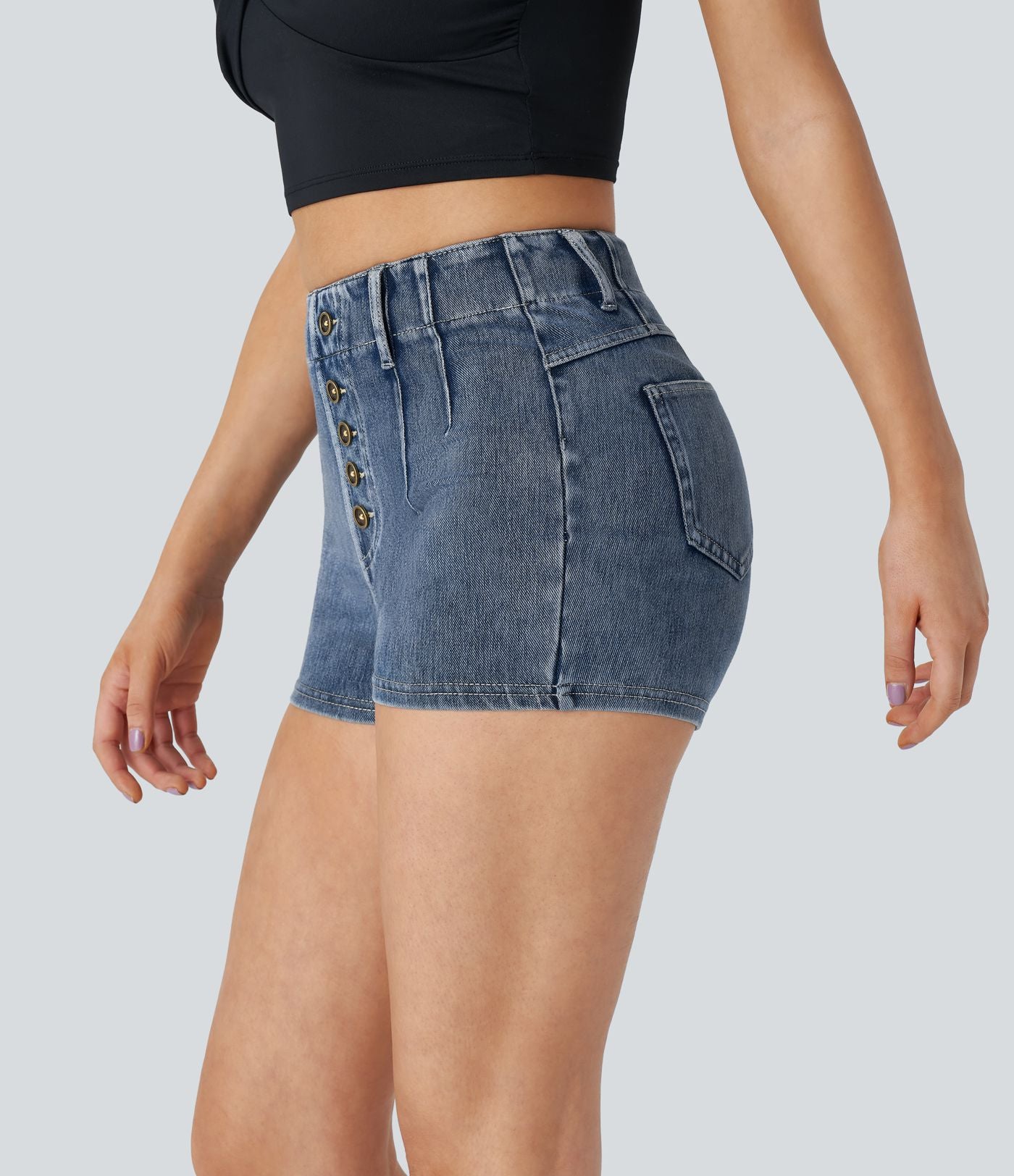 Halara Flex™ Short 5cmCasual Taille Haute en Denim Tricoté Stretch avec Boutons Décoratifs et Poches Arrière