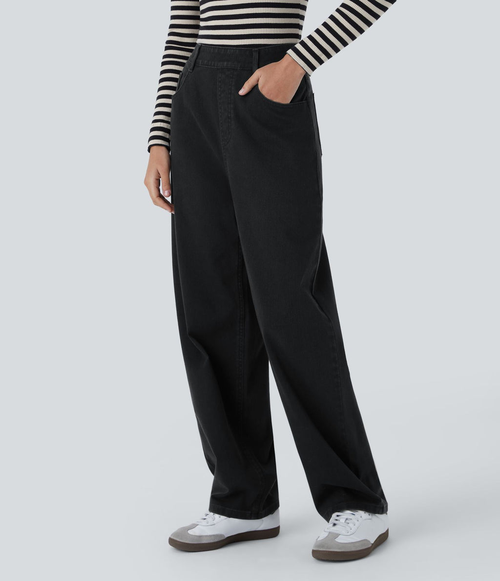 Jean ample délavé taille haute en maille extensible avec poches multiples