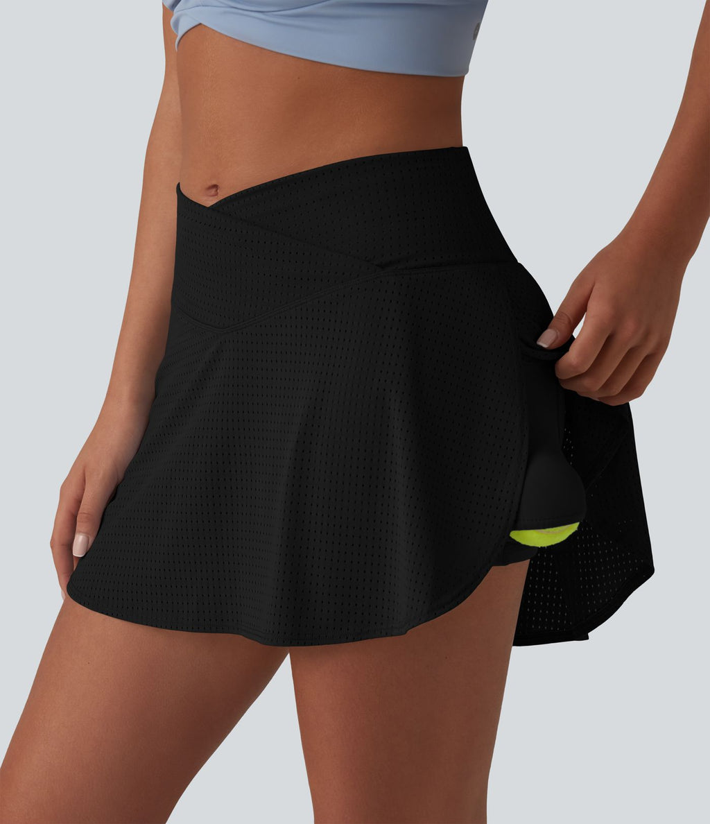 Jupe mini de tennis à œillets, taille haute, 2 en 1, coupe trapèze, croisée, avec poches
