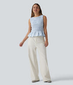 Top casual à rayures col bateau sans manches avec smocks et ourlet à volants