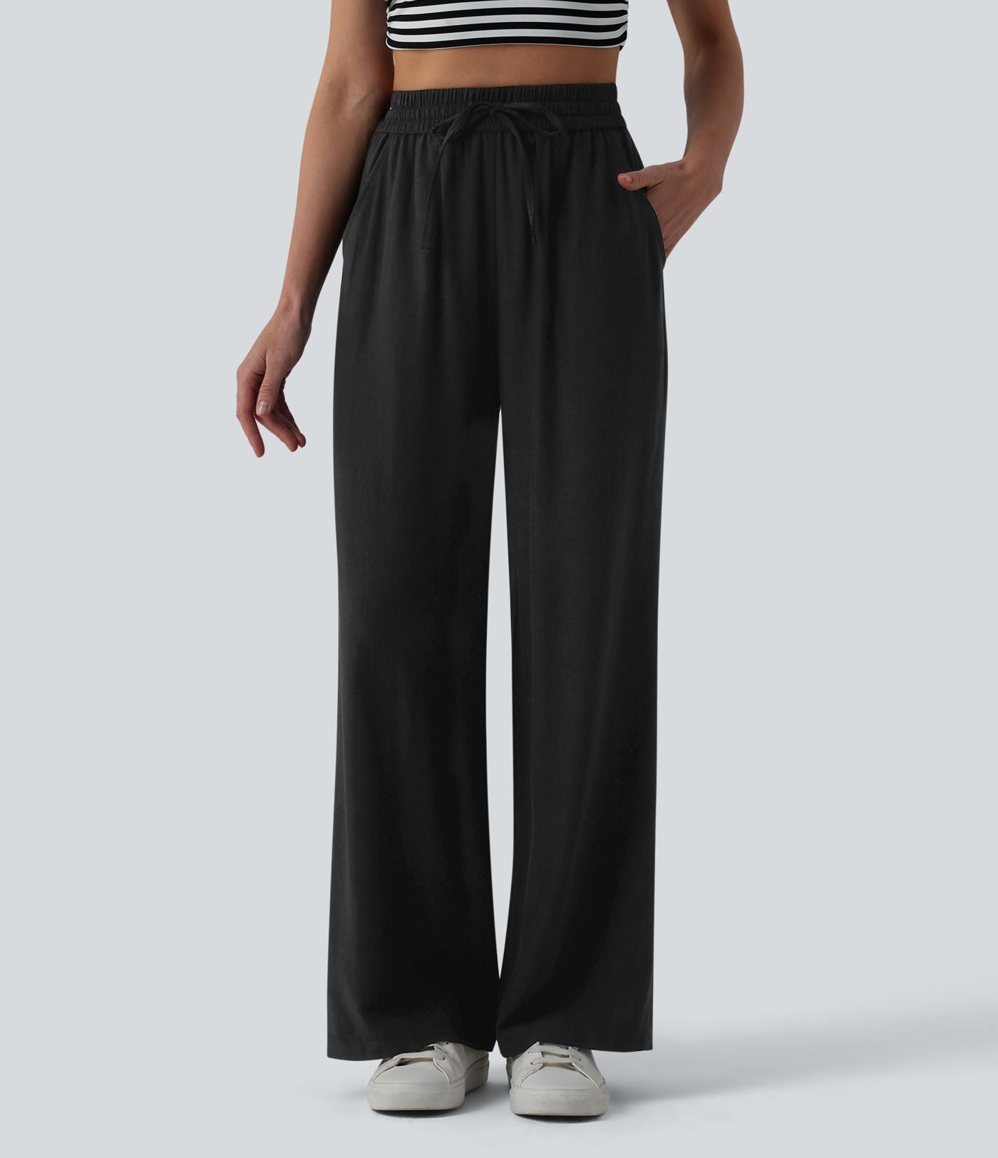 Pantalon casual large fluide mélange lin taille haute avec cordon de serrage et poches