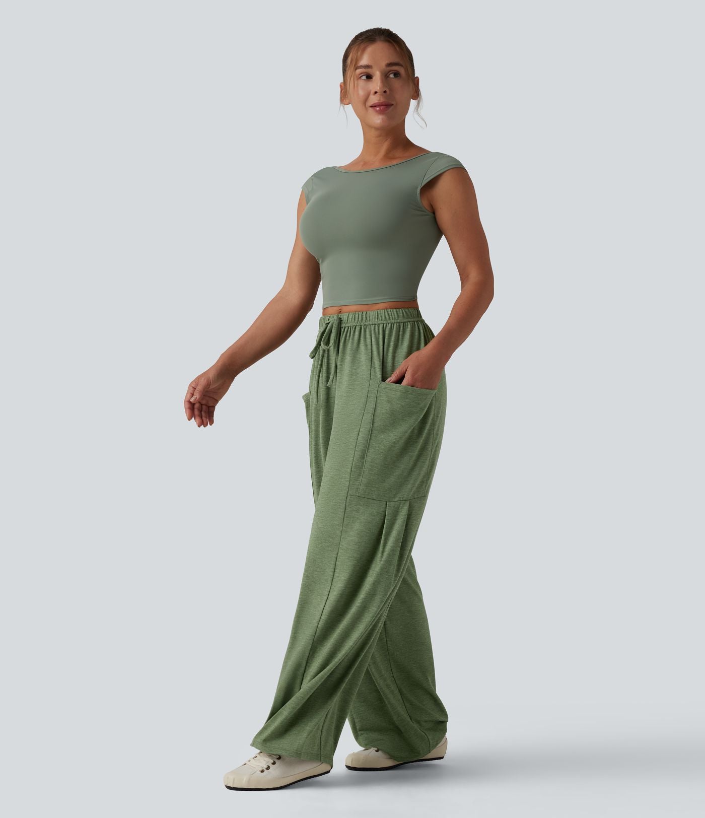 Pantalon large décontracté chiné taille mi-haute avec cordon de serrage avec poches
