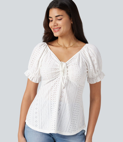 Blouse décontractée col V manches courtes bouffantes lacée ajourée