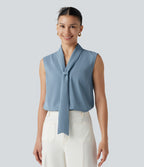 Blouse  sans manches esprit bureau défroissage facile, col V et lien à nouer