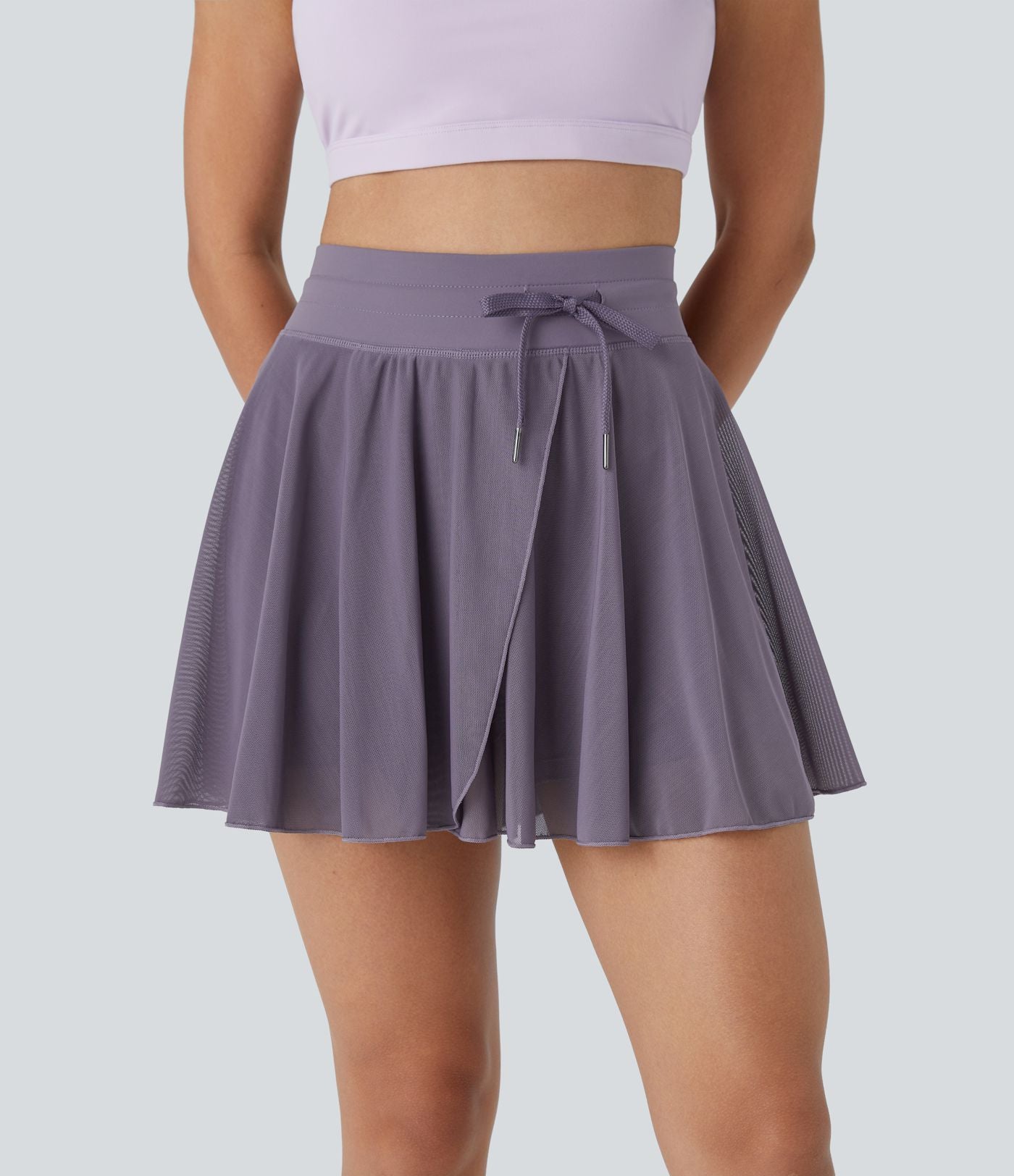 Jupe Casual Évasée Fluide 2 en 1 en Maille Contrastée Taille Haute Cordon de Serrage Poche Latérale