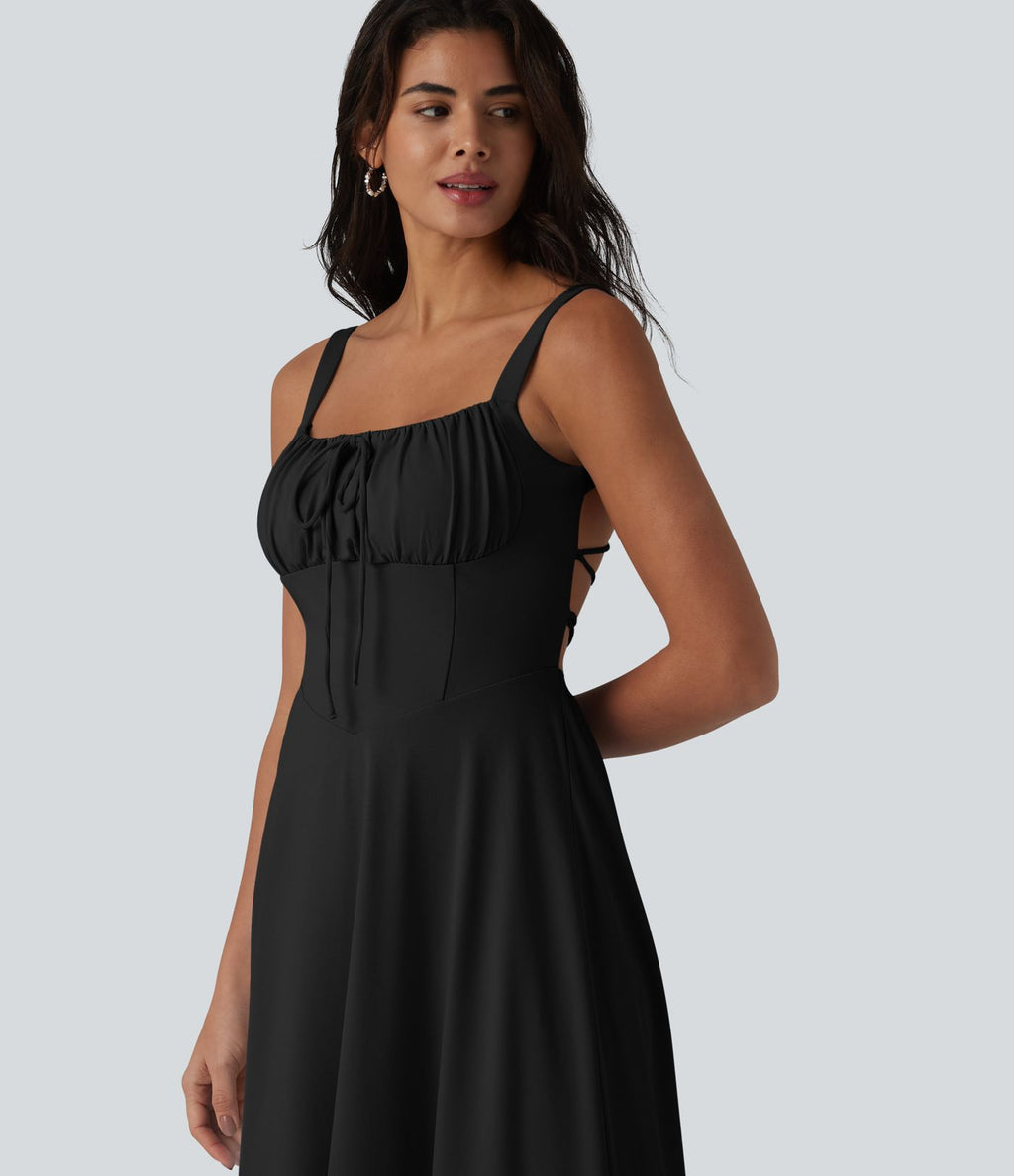 Robe fluide midi de villégiature sans manches, encolure carrée, dos nu croisé, fronces et soutien-gorge intégré