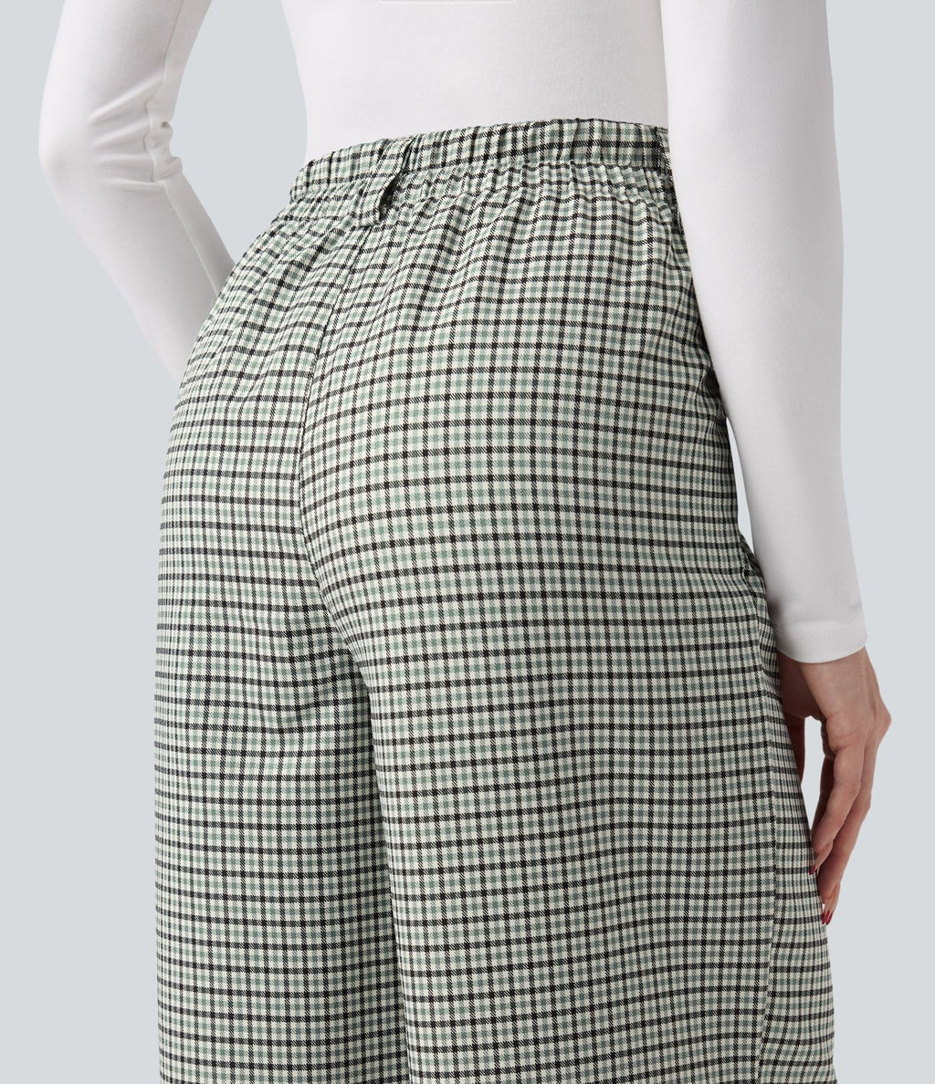 Pantalon tailleur ample taille haute à carreaux avec poches