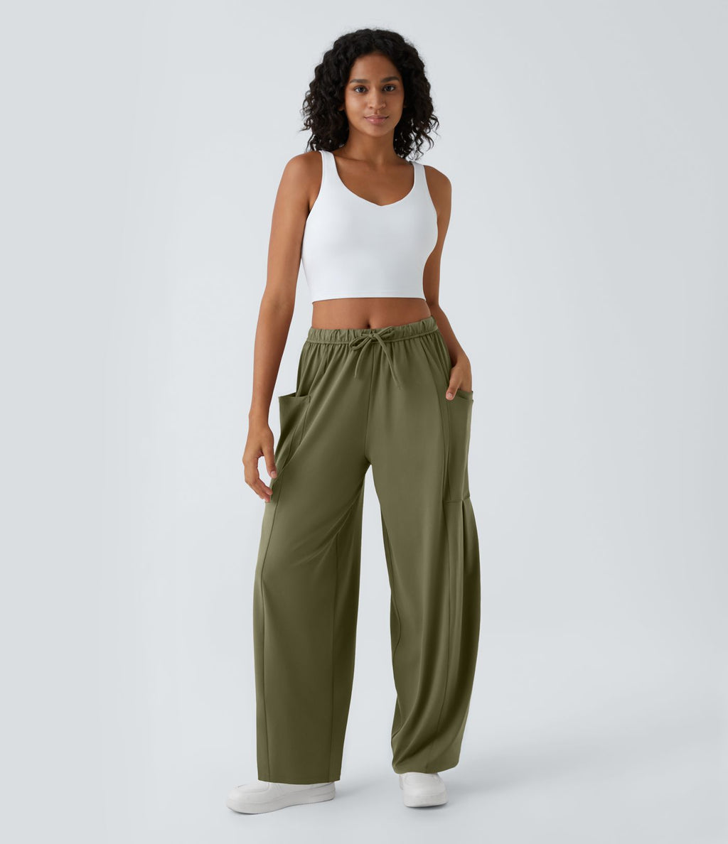 Pantalon Large Fluide Taille Mi-Haute Taille Élastique Cordon Poches Latérales Ourlet Flottant