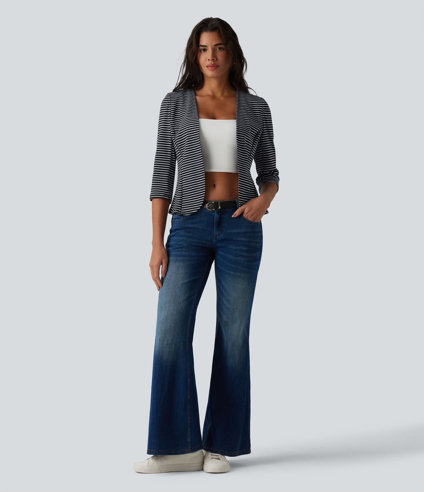 Blazer casual ouvert col V manches 3/4 à rayures en maille côtelée