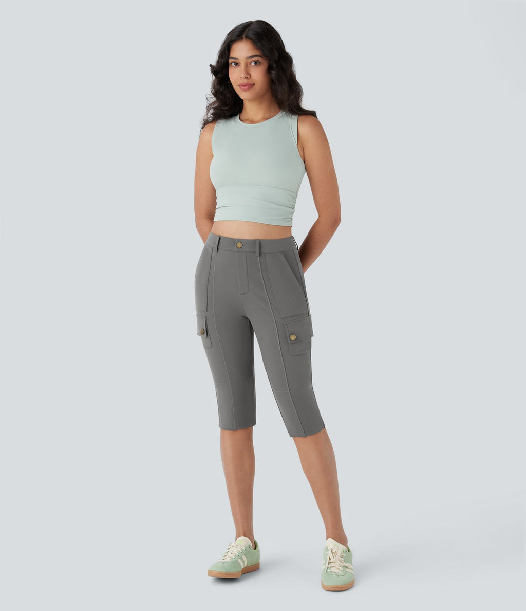 Pantalon cargo pedal pusher ajusté uni taille haute DayStretch avec poches zippées