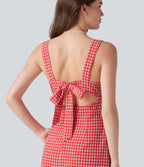 Robe mini vichy à col carré avec lien à nouer au dos et poches
