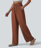 Pantalon casual large mélange lin taille haute avec cordon de serrage et poches