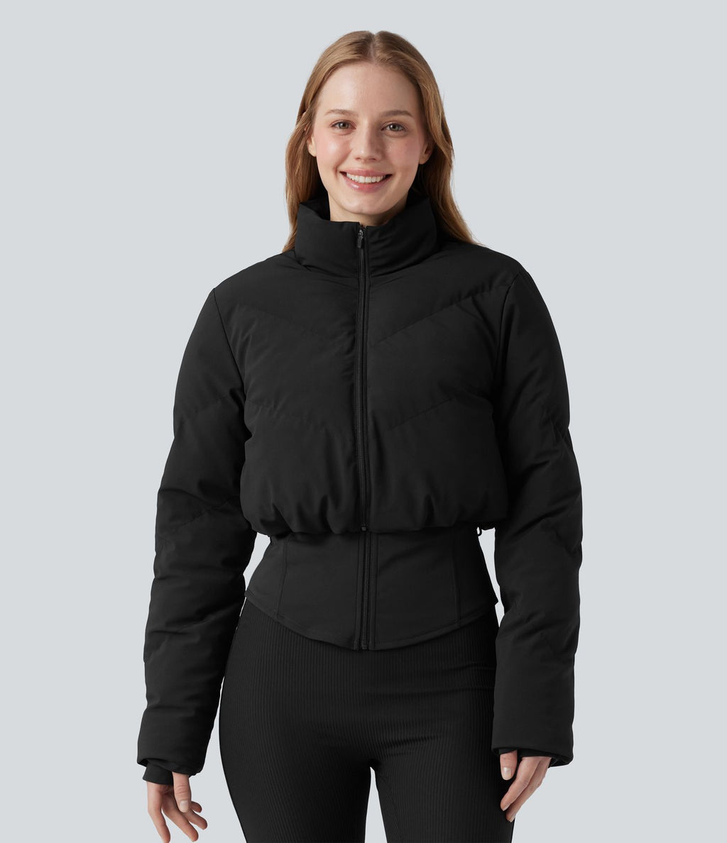 PuffFlex Manteau doudoune 3-en-1 court casual à col montant et veste à ourlet arrondi avec passants pouces et poche