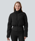 PuffFlex Manteau doudoune 3-en-1 court casual à col montant et veste à ourlet arrondi avec passants pouces et poche