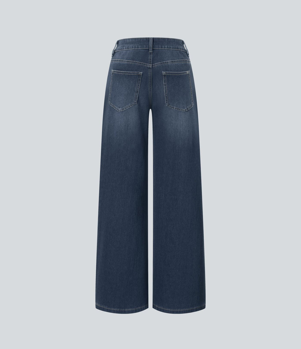 Halara Flex™ Jean large asymétrique taille basse avec bouton, fermeture éclair et poches multiples, délavé et extensible en maille