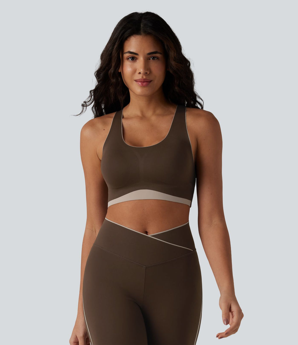 Brassière de sport maintien léger col U dos nageur color block avec soutien-gorge intégré