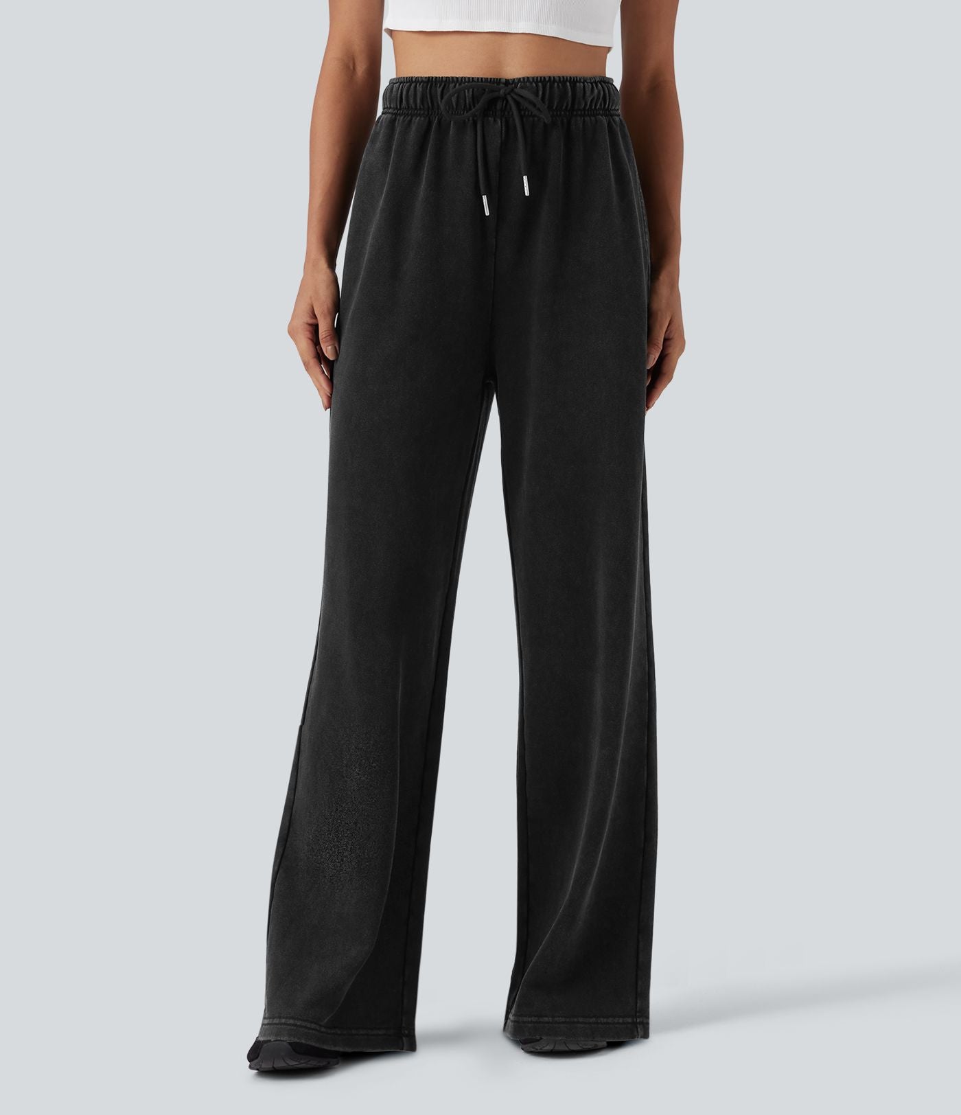Pantalon jogging en coton molleton français délavé taille haute avec cordon de serrage et poches