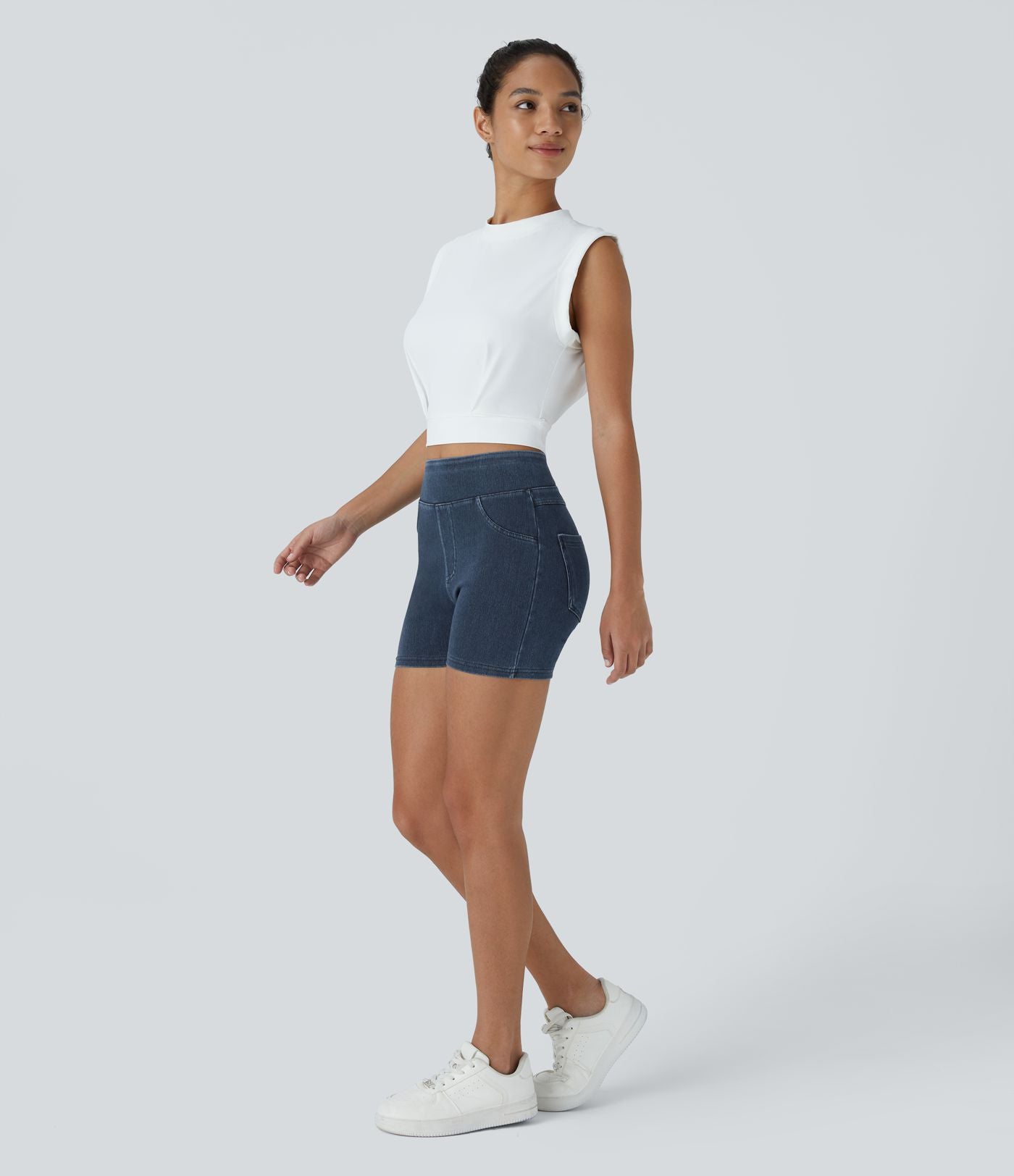Halara Flex™ Shorts 7,5cm Casual en Denim Tricot Extensible Taille Haute Avec Poches Latérales Arrière