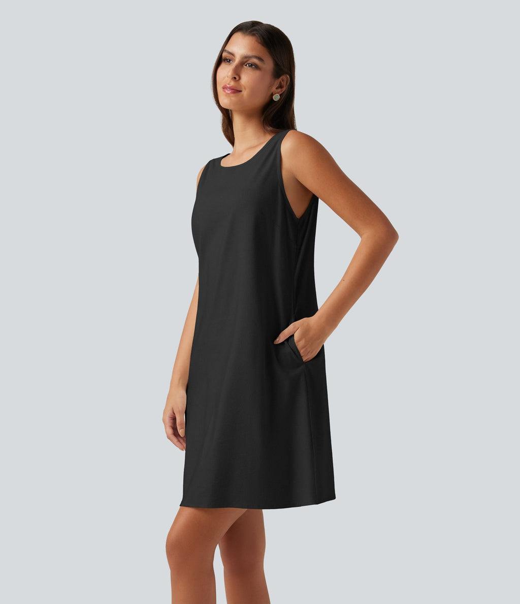 Robe mini sans manches en coton et lin à col rond avec poches