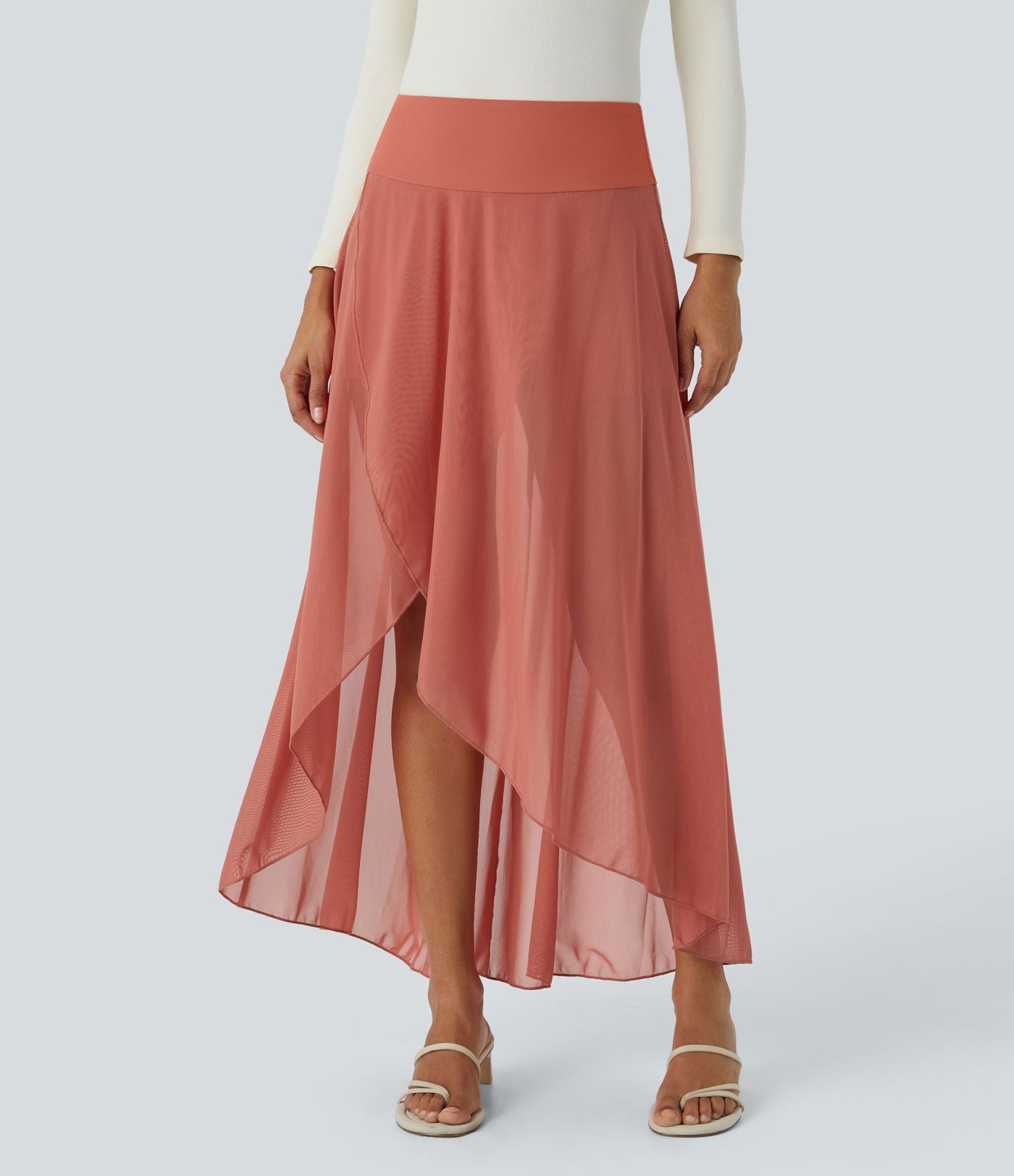 Jupe Longue Fluide Taille Haute à Volants 2 en 1 Poche Latérale Évasée en Mesh Casual Quotidien