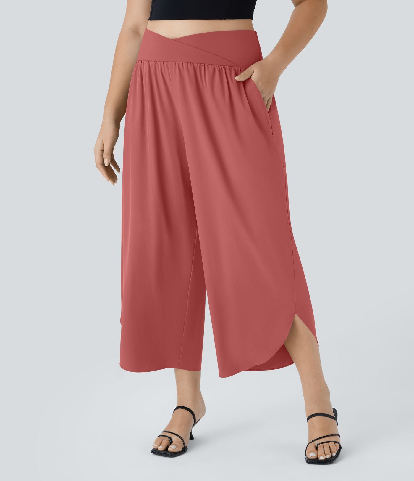 Breezeful™ Pantalon de Vacances Grande Taille Taille Haute avec Découpe Croisée Plissé Poche Latérale Fente et Séchage Rapide