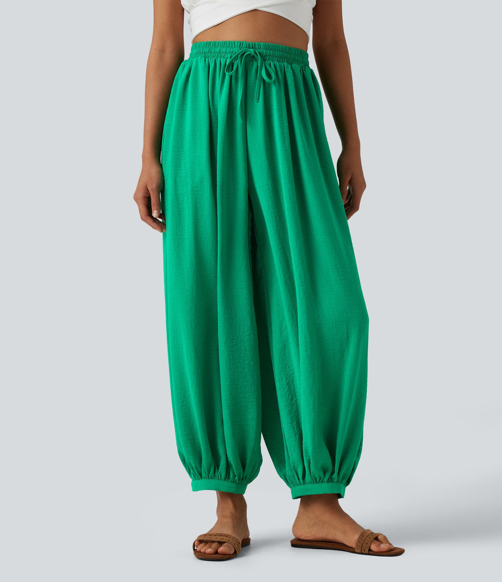 Pantalon ballon fluide resort taille haute effet lin avec cordon de serrage et poches