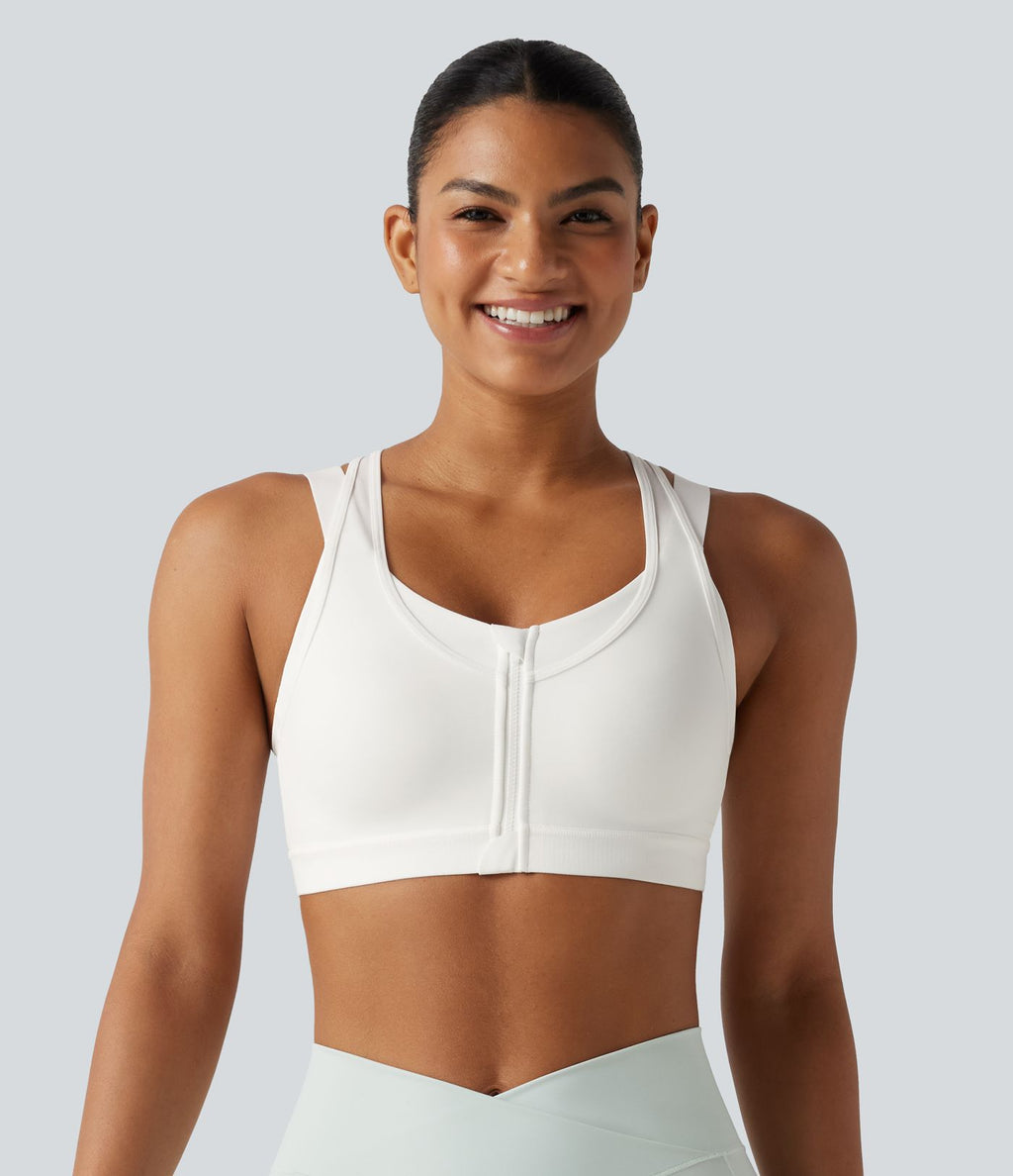 Brassière de sport d'entraînement maintien moyen col rond échancré dos nageur avec fermeture éclair, mesh contrasté et coussinets non amovibles