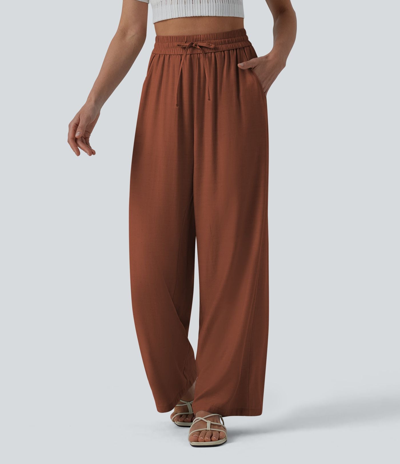 Pantalon casual large mélange lin taille haute avec cordon de serrage et poches