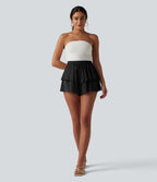 Short décontracté en satin à taille mi-haute, cordon de serrage et ourlet à volants superposés