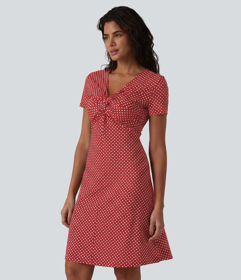 Robe casual à col V, manches courtes et imprimé à pois longueur genou