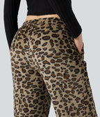 Pantalon large molleton imprimé léopard taille mi-haute avec cordon de serrage et poches