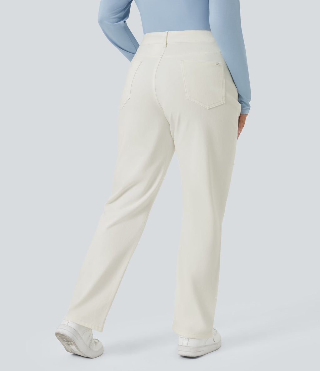 Jean décontracté Halara Flex™ grande taille, taille haute, multiples poches, jambes droites, effet délavé, en maille extensible