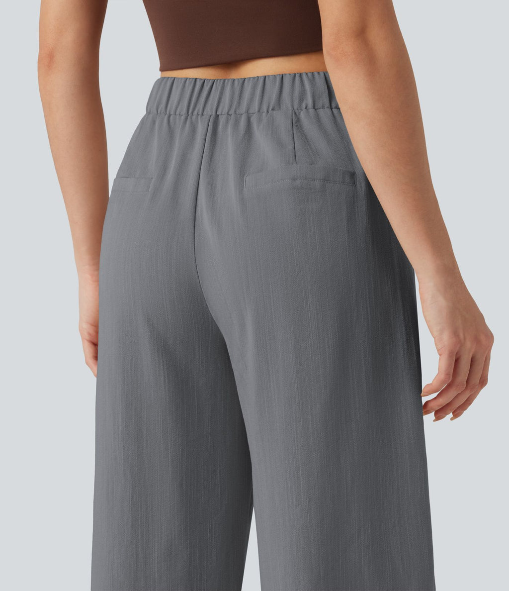 Pantalon tailleur asymétrique effet lin, taille moyenne, coupe ballon, à poches