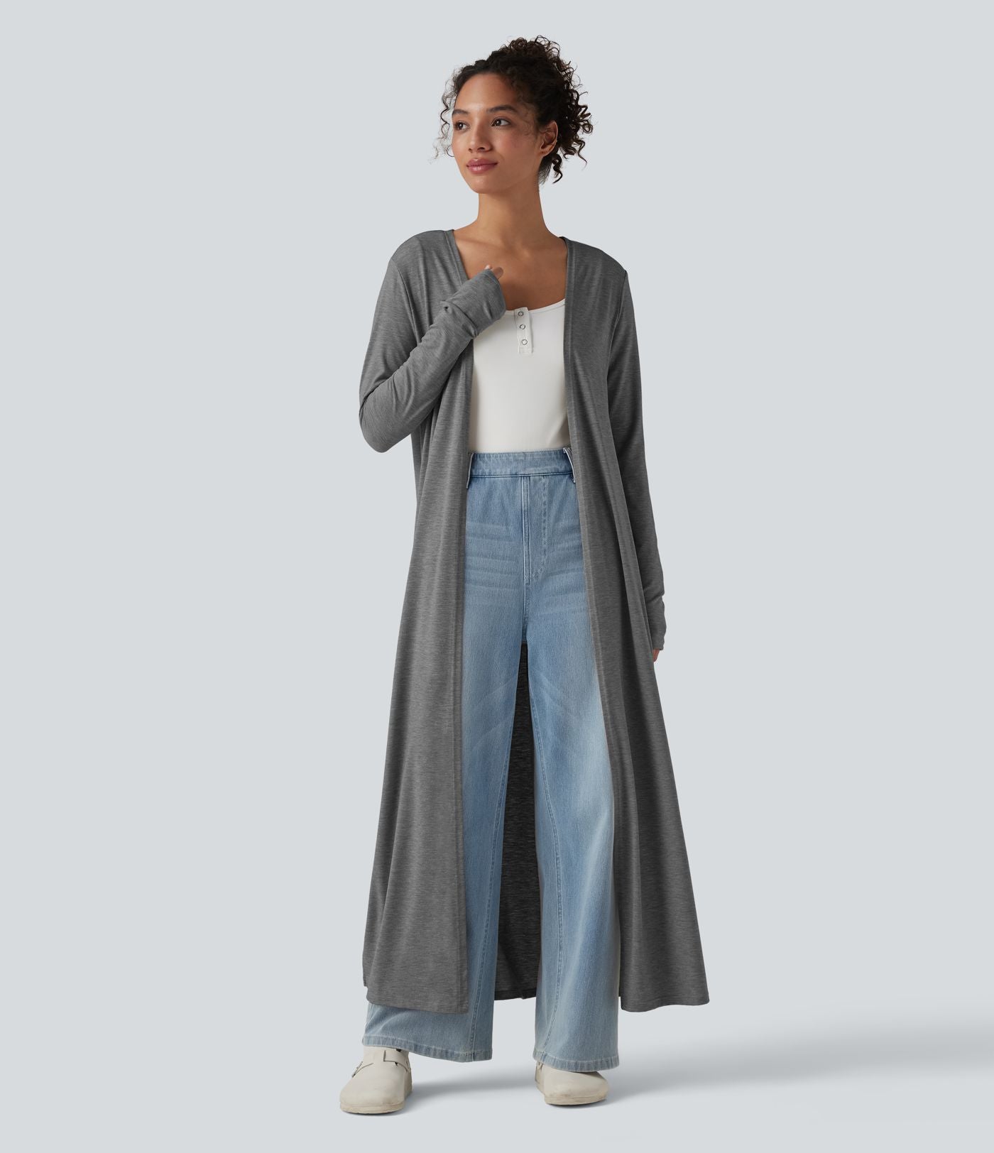 Manteau long décontracté à manches longues chiné avec fentes latérales