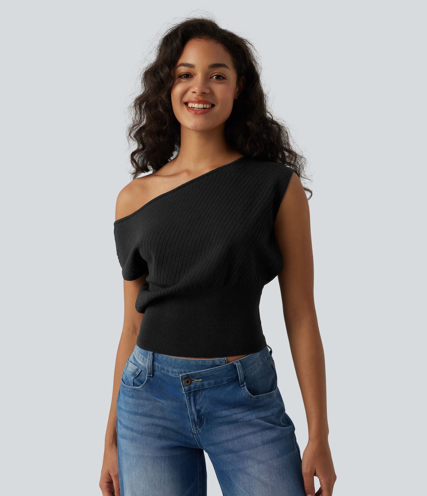 Pull casual asymétrique à épaule dénudée et manches courtes