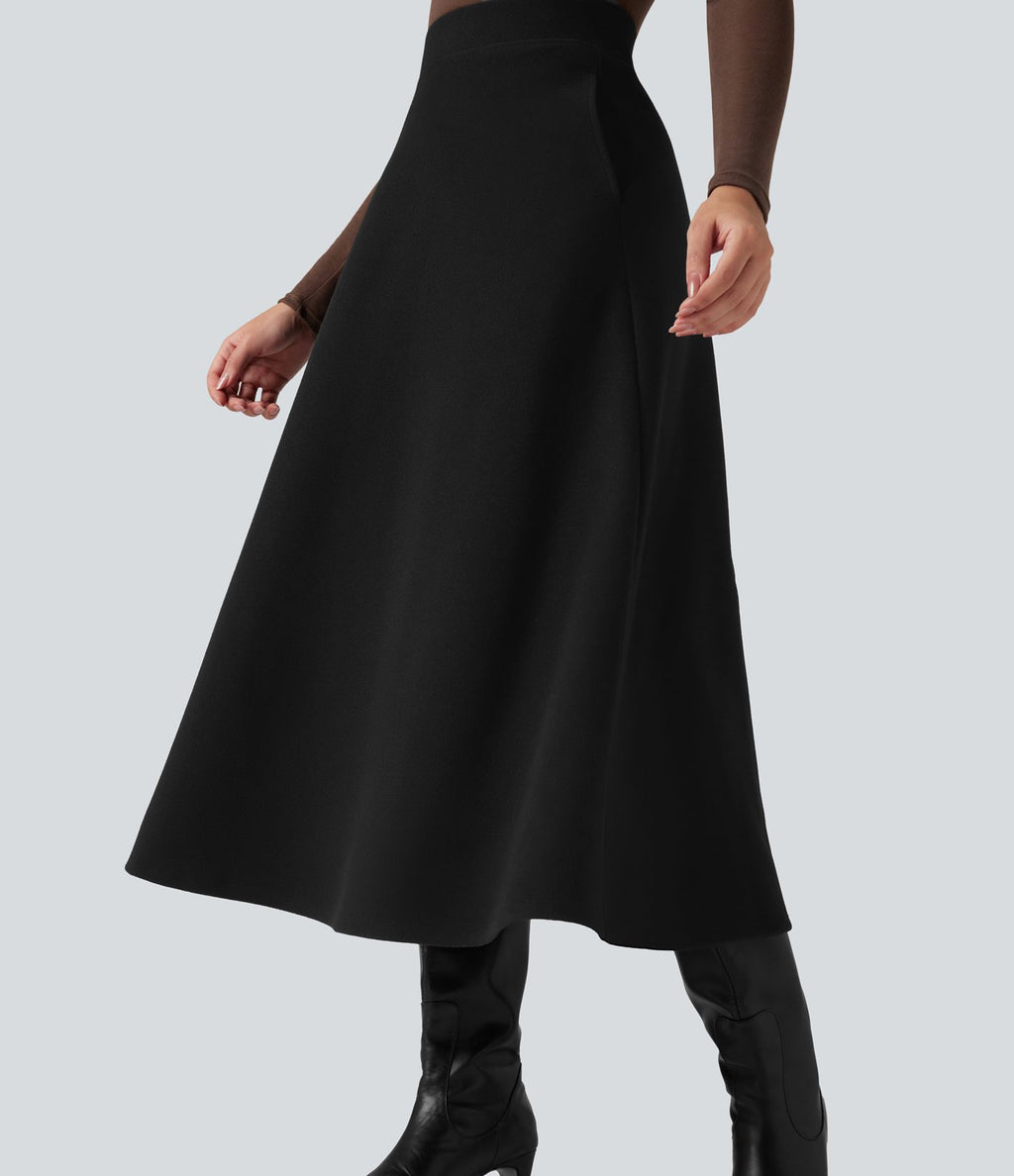 Jupe mi-longue évasée polaire taille haute avec poches