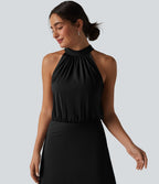 Robe midi col cheminée sans manches dos découpé extensible aspect satiné effet frais InstantCool