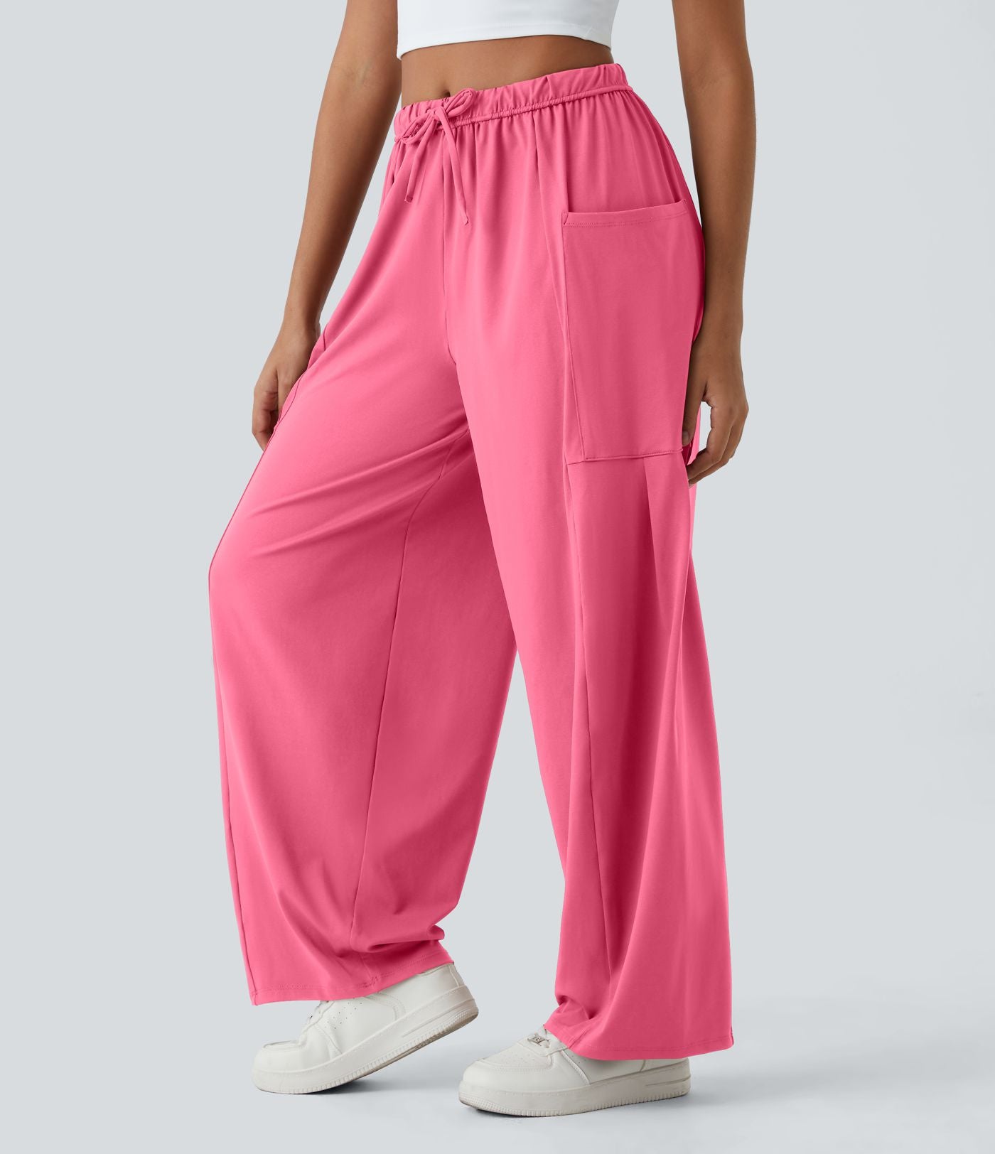Pantalon Large Fluide Taille Mi-Haute Taille Élastique Cordon Poches Latérales Ourlet Flottant