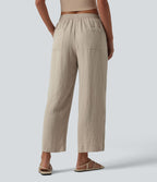 Pantalon droit taille mi-haute aspect lin avec cordon de serrage et poches