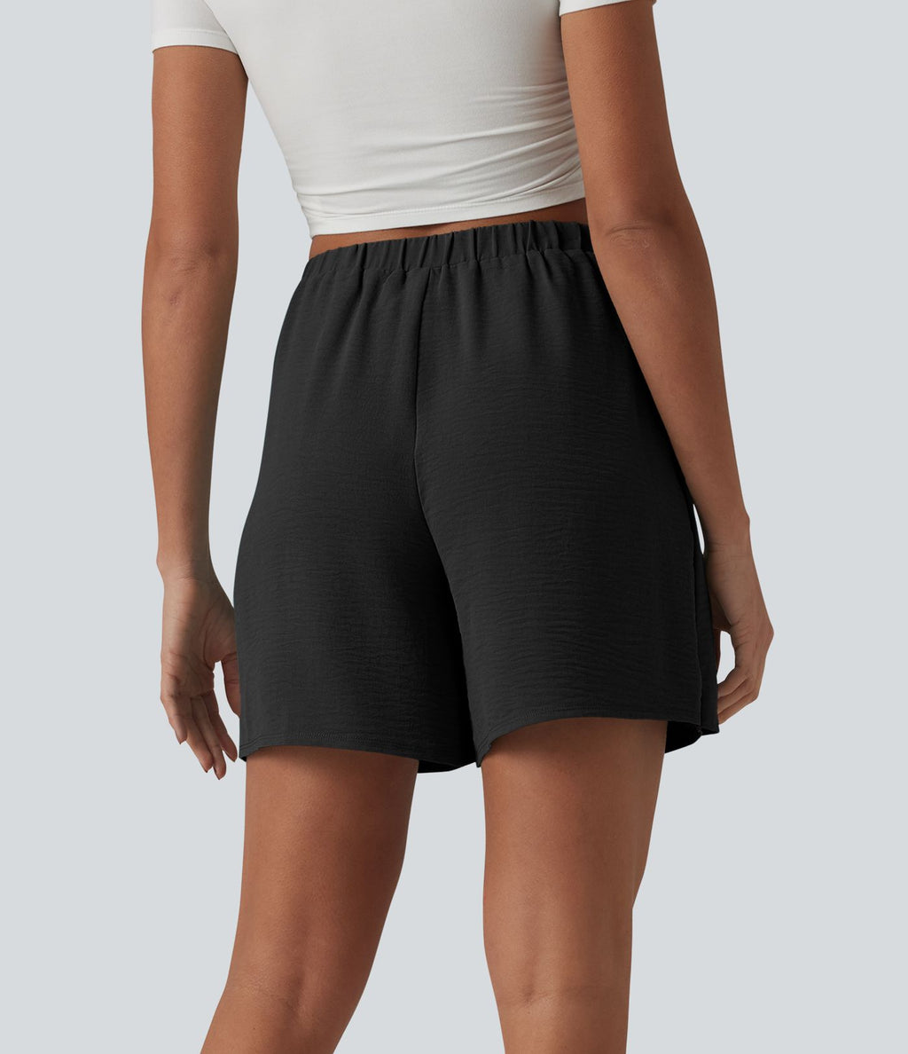 Jupe-short casual taille haute aspect lin avec lien noué sur le côté
