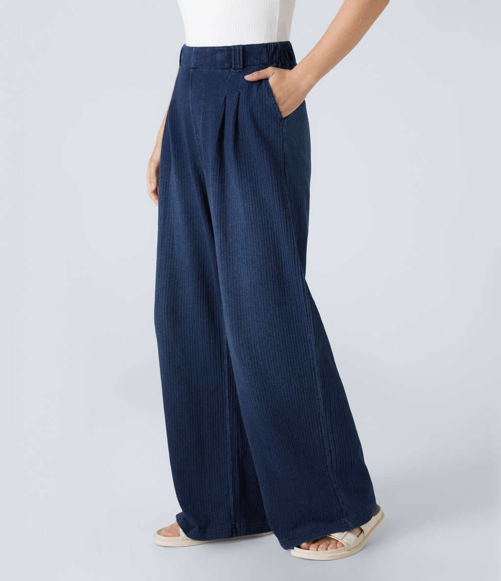 Halara Flex™ Jean Casual Large à Taille Haute avec Poches Latérales et Plis en Maille Extensible