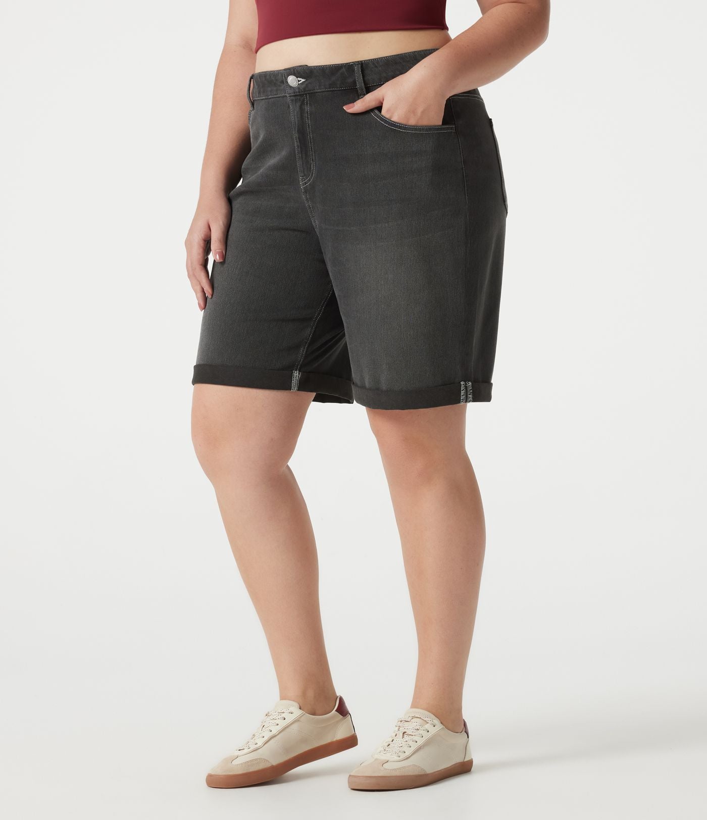 Short bermuda casual denim grande taille Halara Flex™ tricot extensible délavé taille haute multiples poches ourlet roulotté