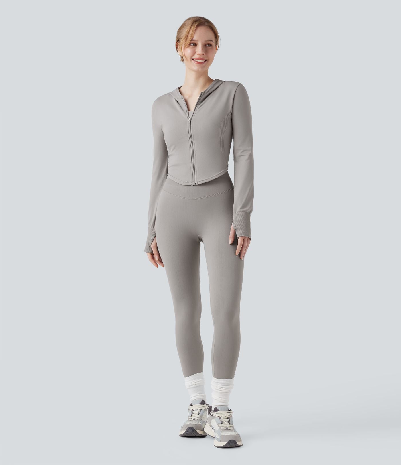 Veste yoga à capuche zippée à manches longues avec passants pouces et ourlet arrondi sans couture OneForm Seamless Flow