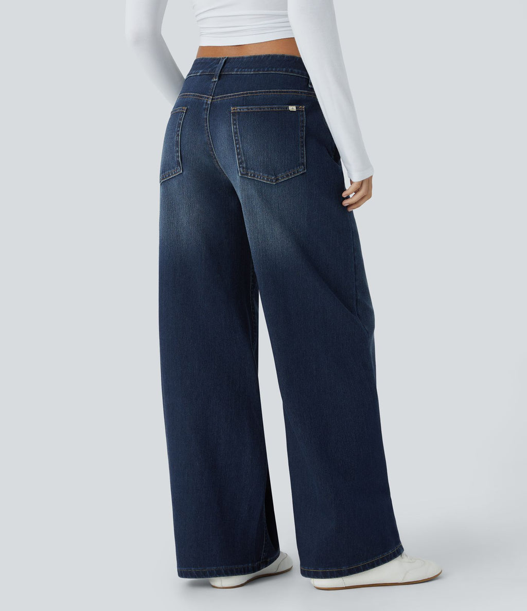 Halara Flex™ Jean large asymétrique taille basse avec bouton, fermeture éclair et poches multiples, délavé et extensible en maille