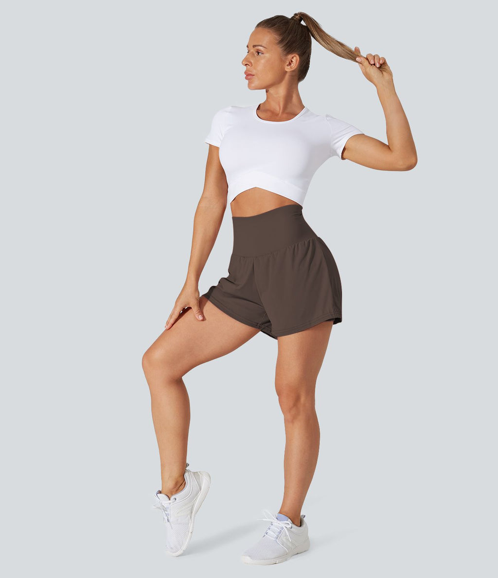 Short 7,5cm Yoga 2 en 1 Super Taille Haute Poches Arrière Poches Cachées Latérales
